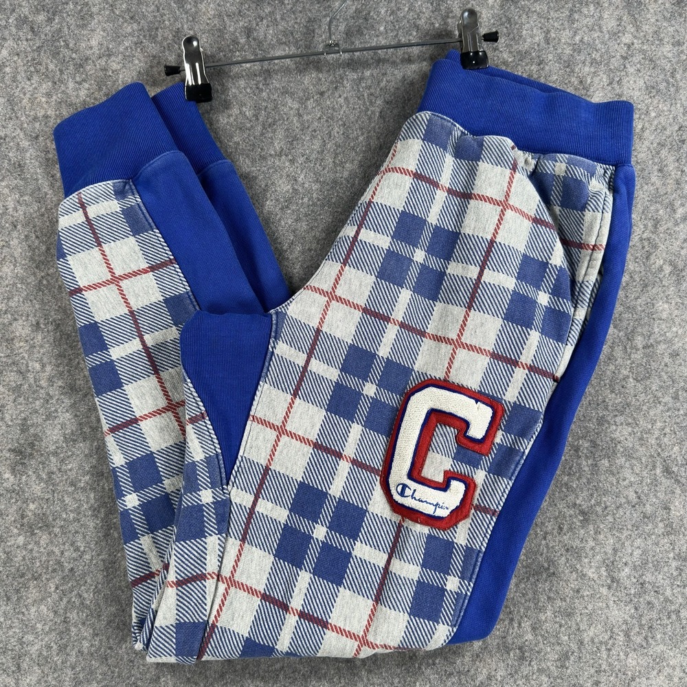 Champion Reverse‎ Weave Pants Mens Large Blue Plaid Fleece Joggers C Patch